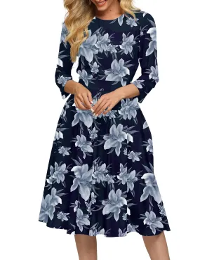 Simple Flavor Women's Floral Vintage Dress Elegant Midi Evening Dress 3/4 Sleeves