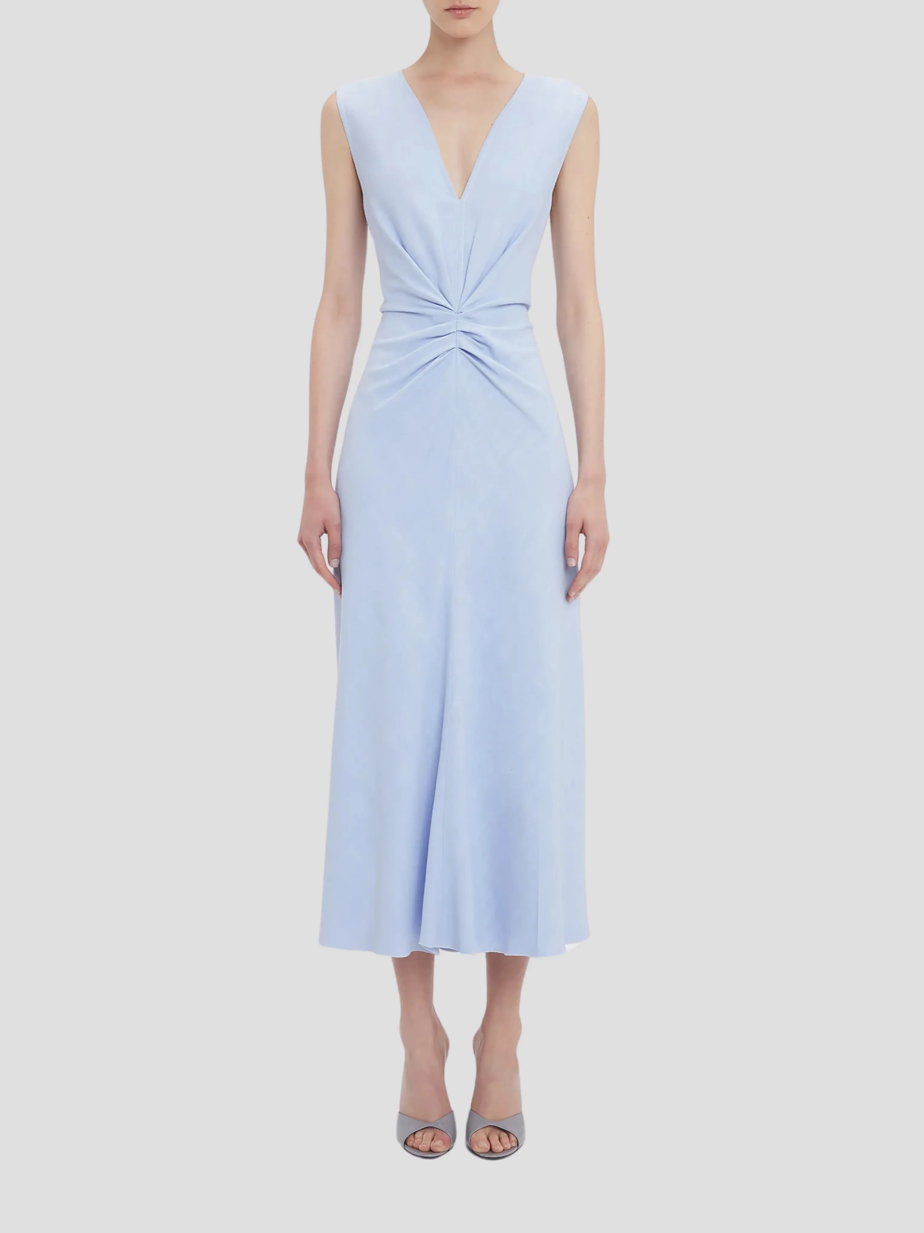 Sleeveless Gathered Waist Midi Dress in Bluebell