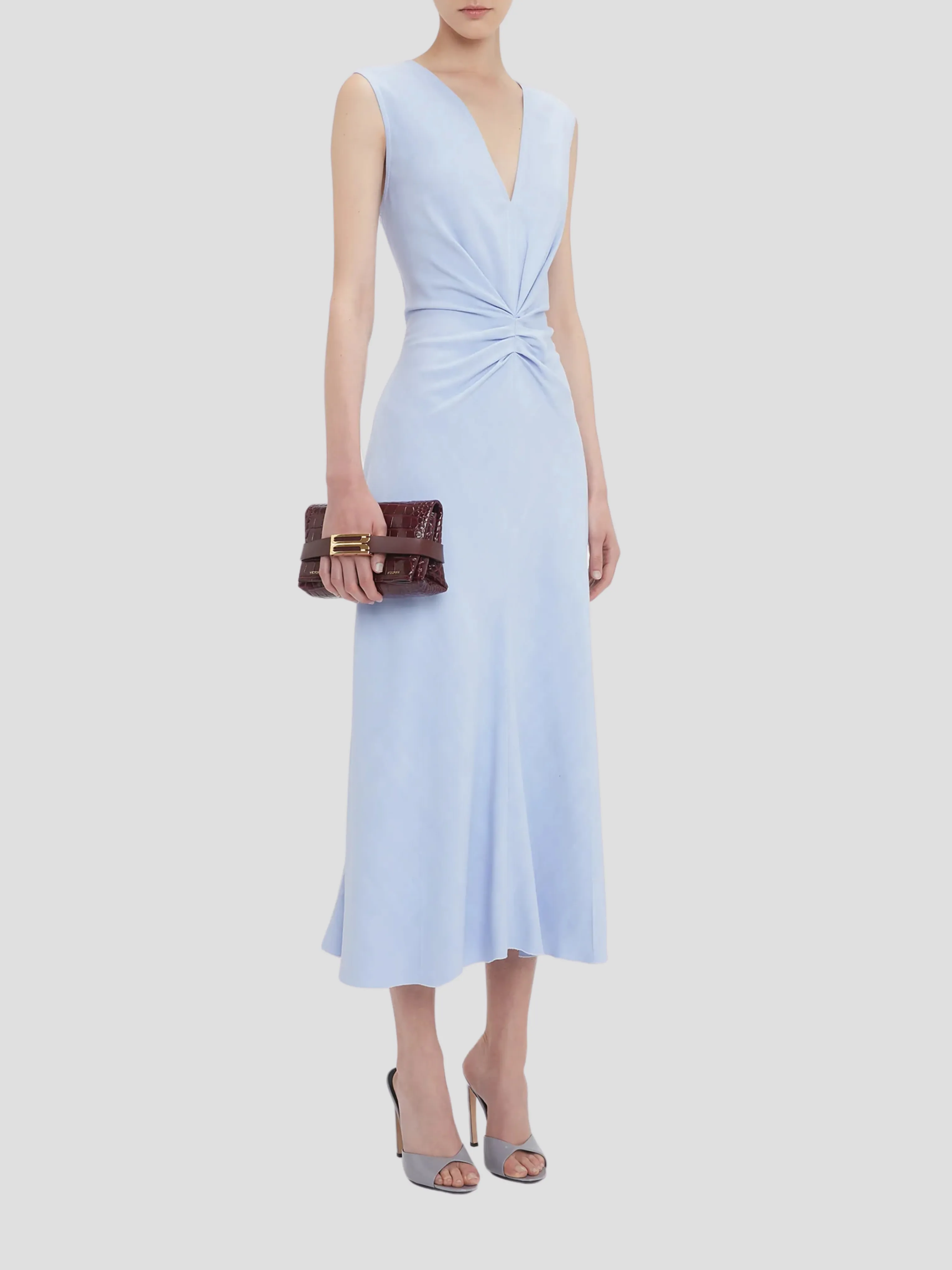 Sleeveless Gathered Waist Midi Dress in Bluebell