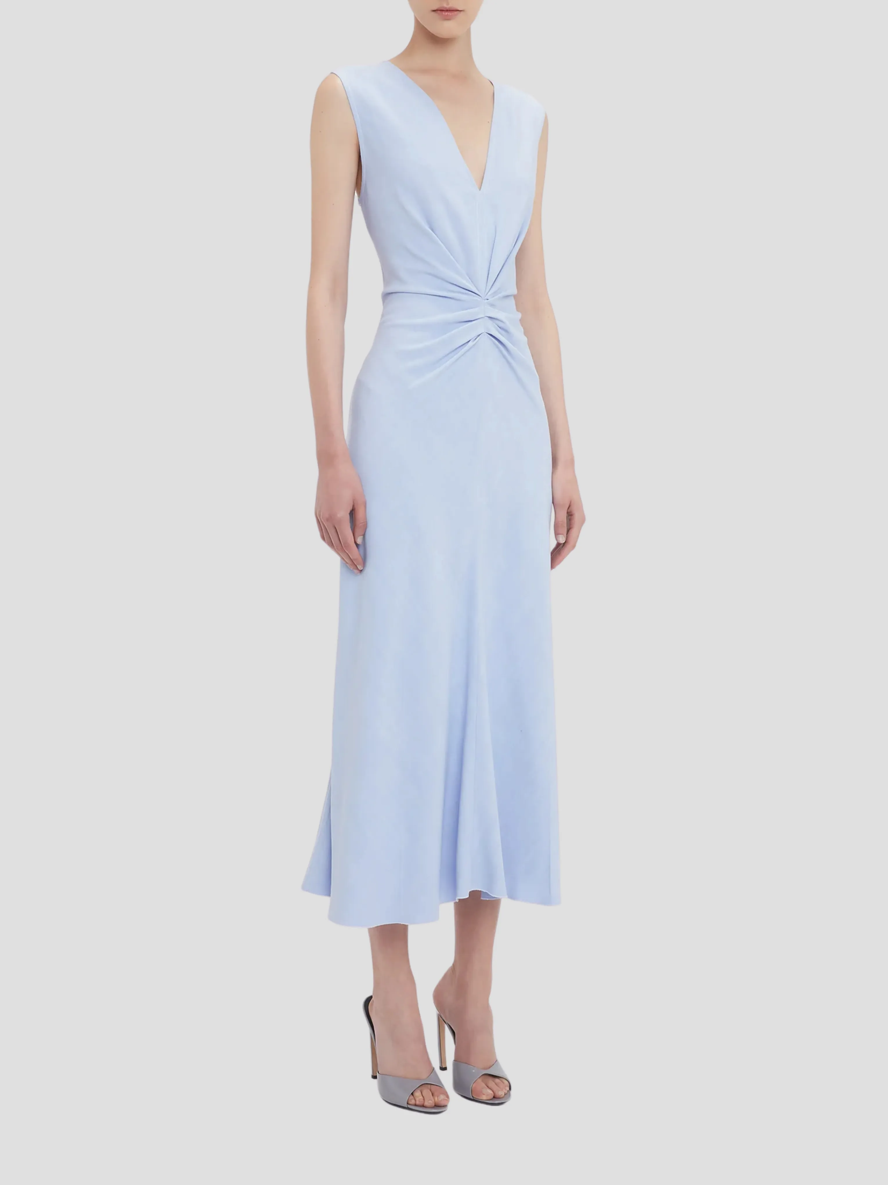 Sleeveless Gathered Waist Midi Dress in Bluebell