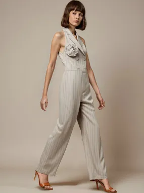 Sleeveless Striped Rosette Jumpsuit