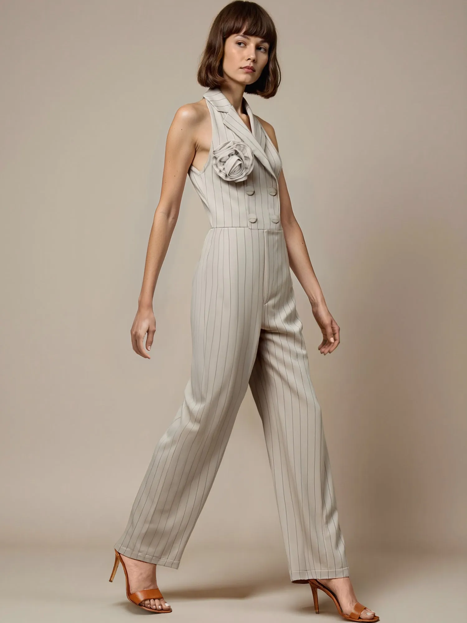 Sleeveless Striped Rosette Jumpsuit