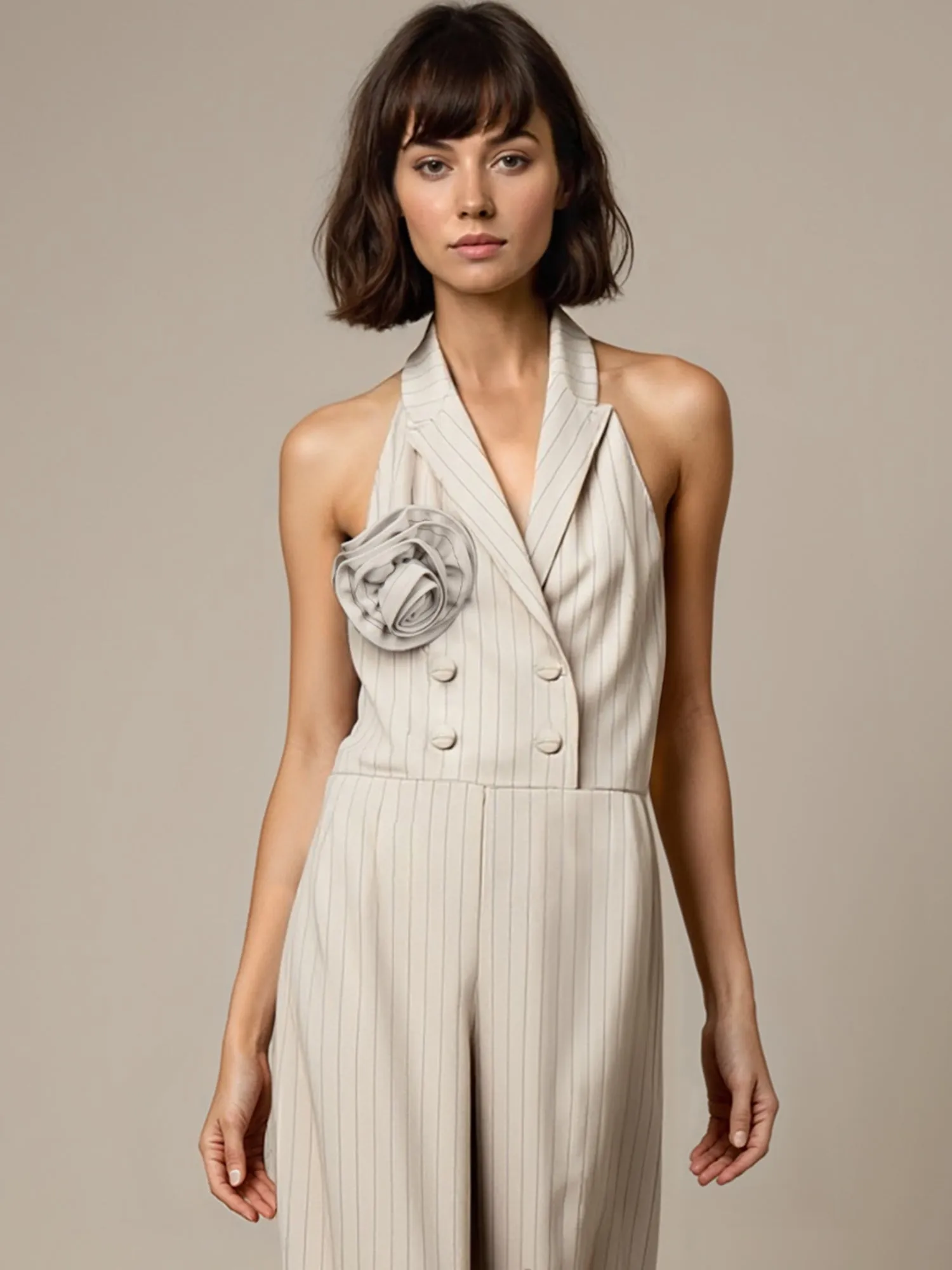 Sleeveless Striped Rosette Jumpsuit