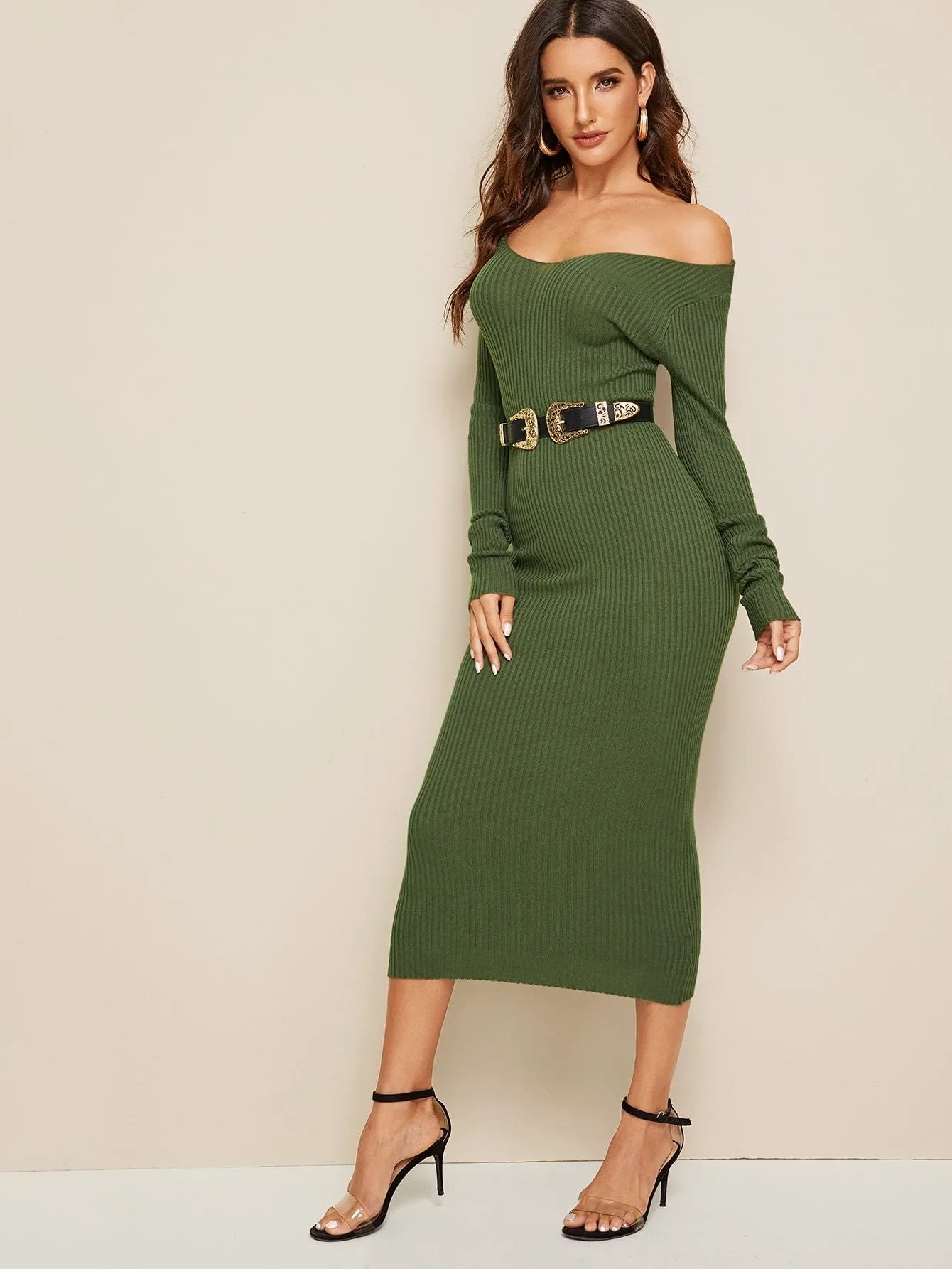 Solid V-neck Jumper Dress Without Belt