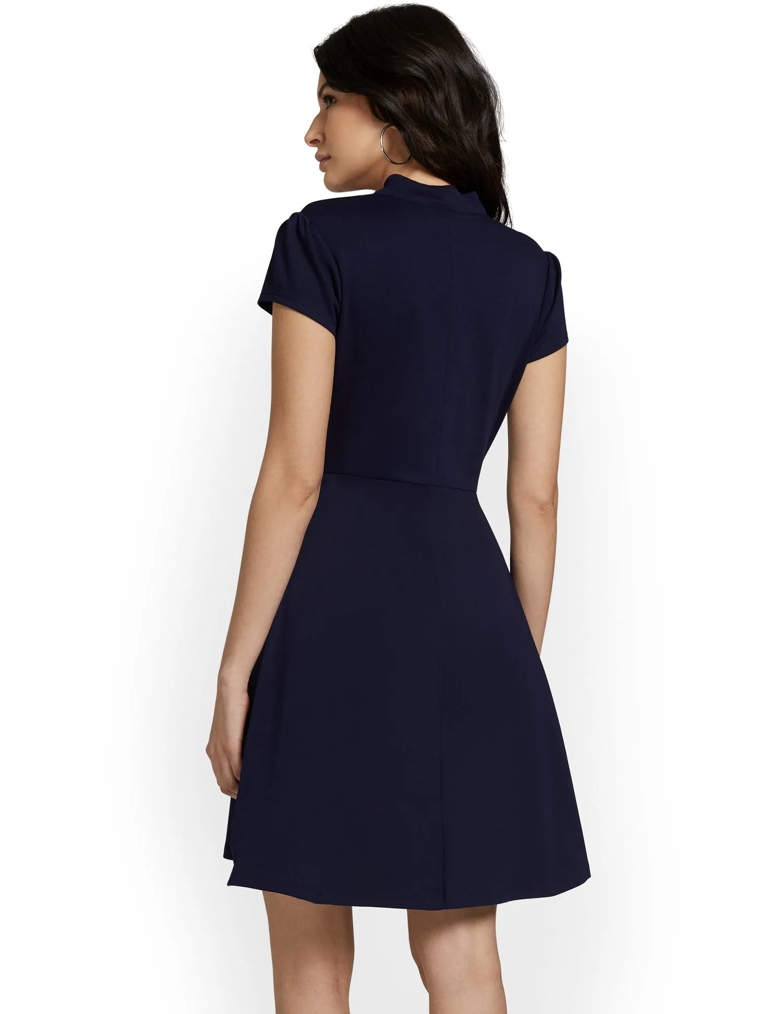 Split-Neck Puff-Sleeve Flare Dress - City Knits