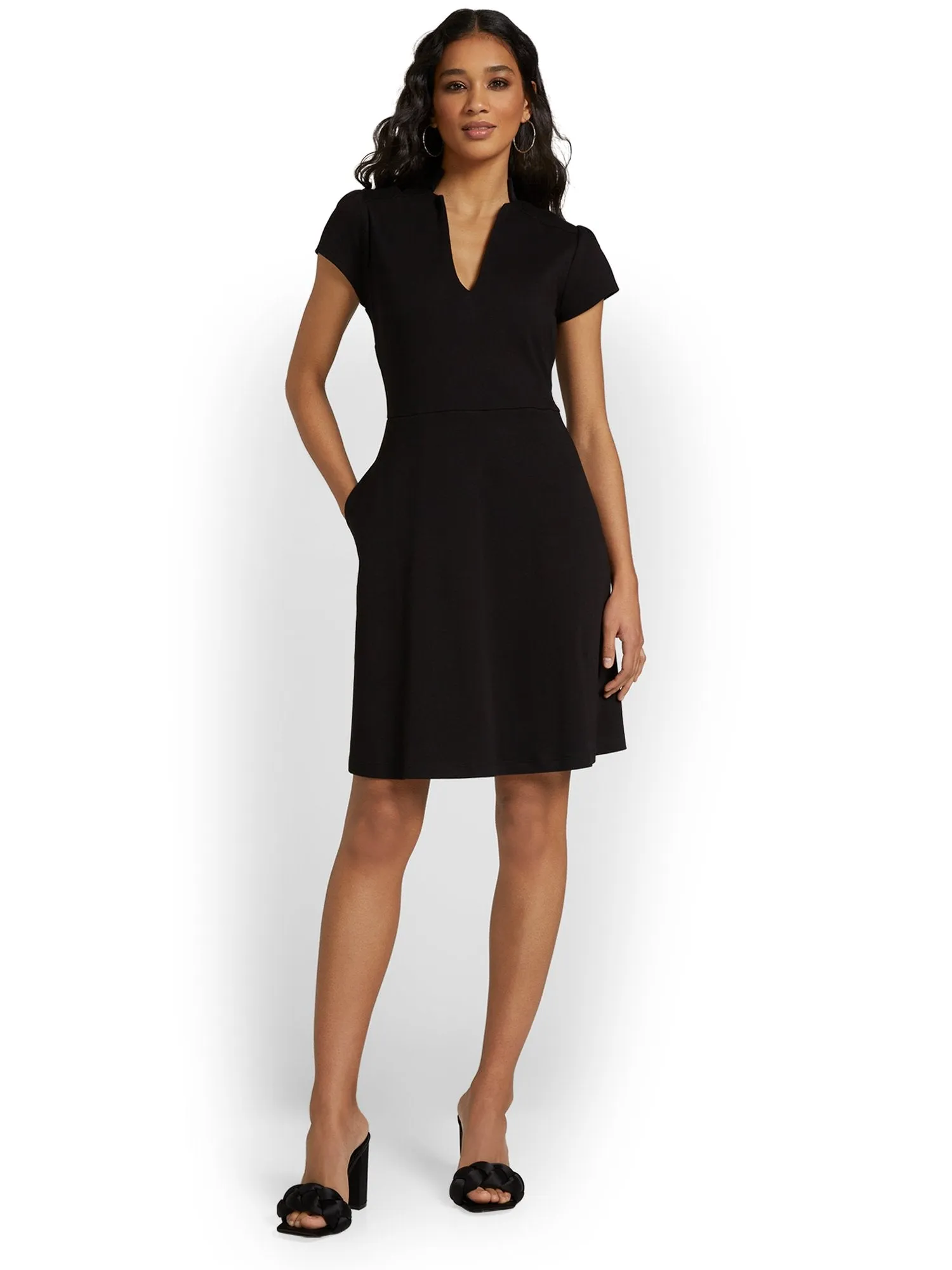 Split-Neck Puff-Sleeve Flare Dress - City Knits