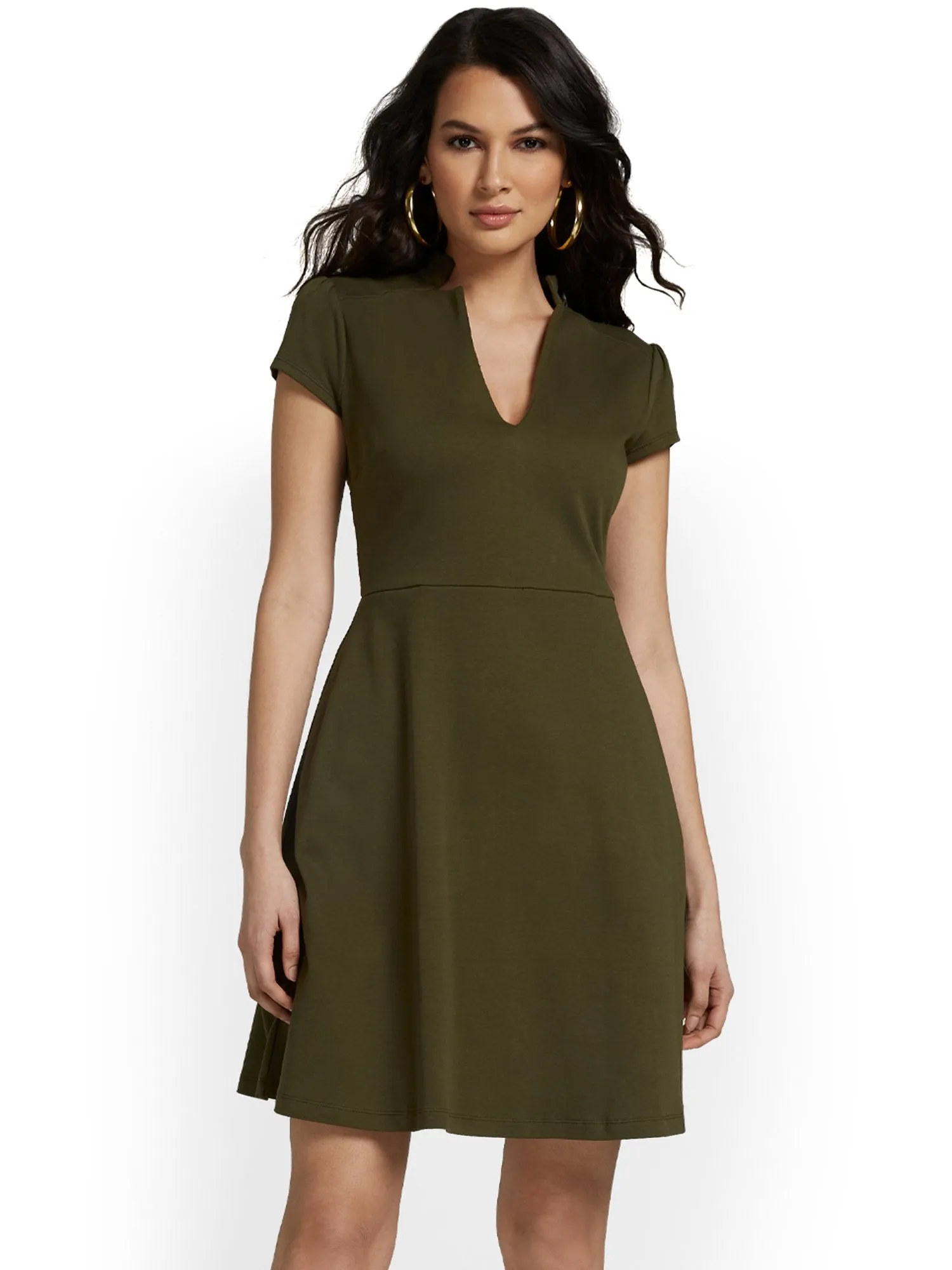 Split-Neck Puff-Sleeve Flare Dress - City Knits