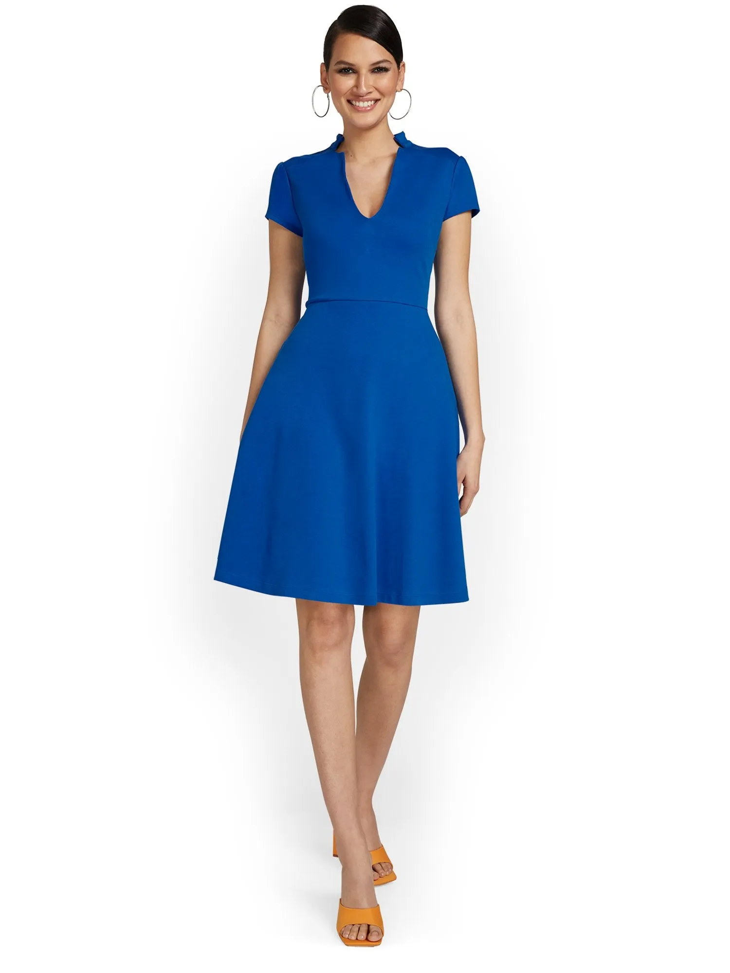 Split-Neck Puff-Sleeve Flare Dress - City Knits