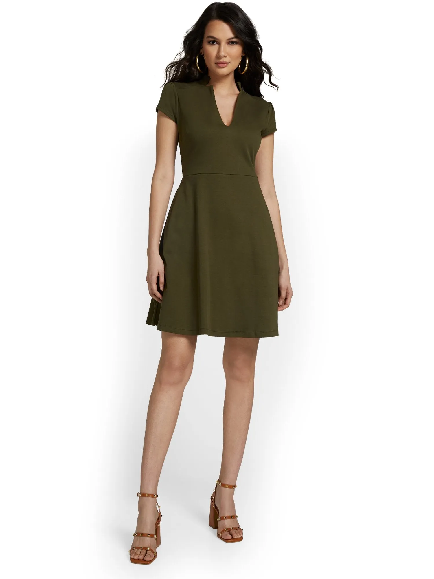 Split-Neck Puff-Sleeve Flare Dress - City Knits