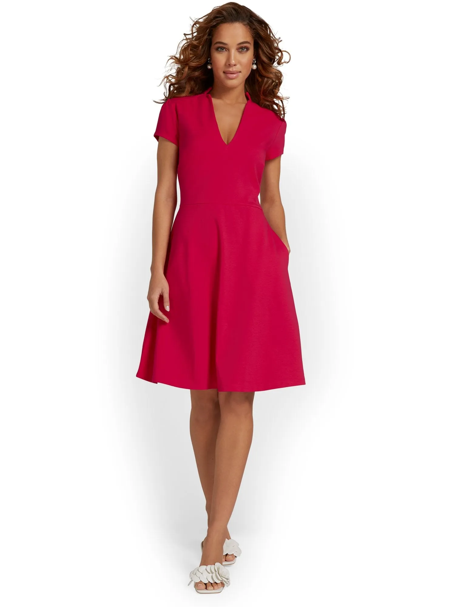 Split-Neck Puff-Sleeve Flare Dress - City Knits