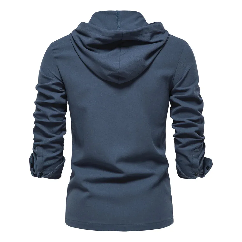 Spring 100% Cotton Hooded Shirt Men Long Sleeve Casual Pocket Slim Fit Men's Shirts Retro Zipper Fashion Men Clothing