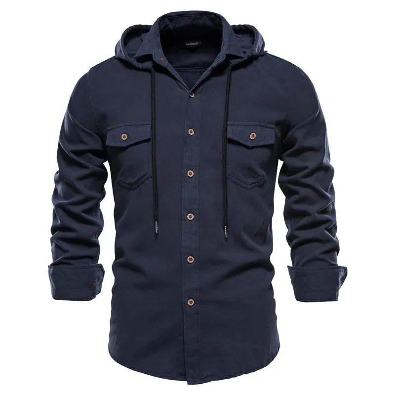 Spring and Autumn New Hoodied Long Sleeve Shirt Men Solid Color 100% Cotton Quality Shirt for Men Casual Men's Shirts