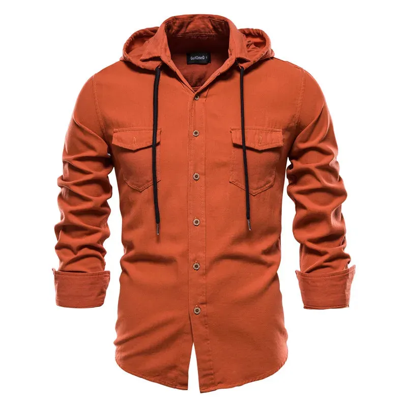 Spring and Autumn New Hoodied Long Sleeve Shirt Men Solid Color 100% Cotton Quality Shirt for Men Casual Men's Shirts