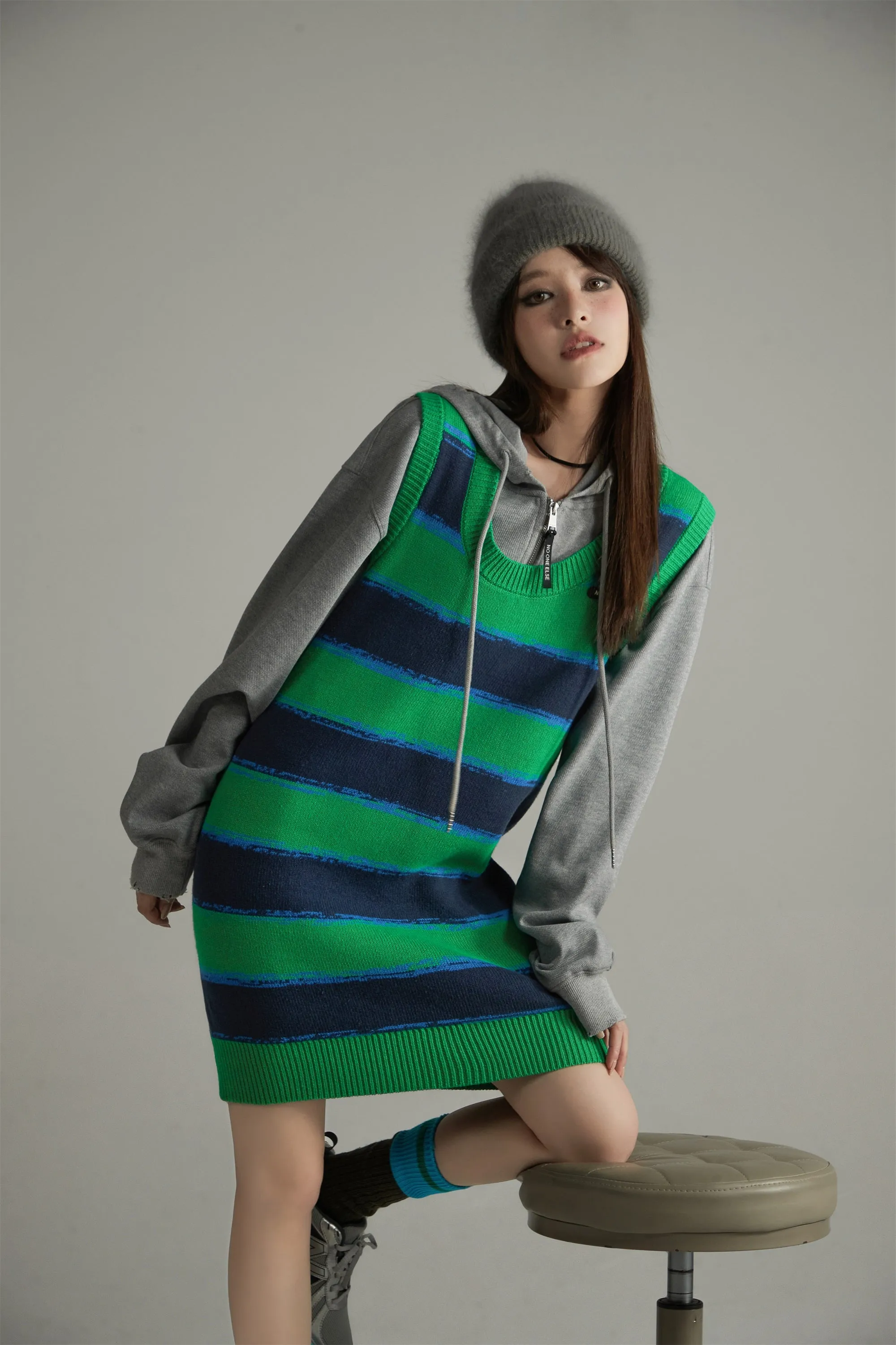 Striped Loose Fit Knit Sleeveless Dress