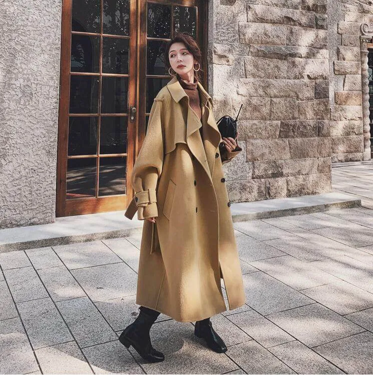 Stylish Women's Camel Wool Belted Winter Coat