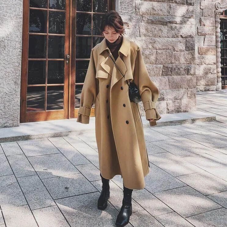 Stylish Women's Camel Wool Belted Winter Coat