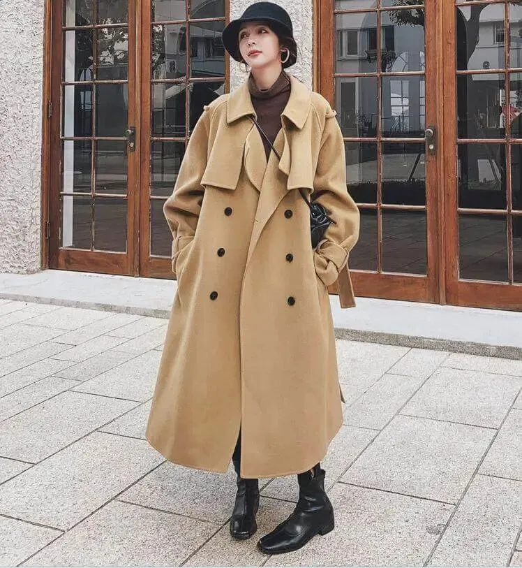 Stylish Women's Camel Wool Belted Winter Coat