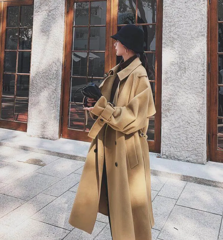 Stylish Women's Camel Wool Belted Winter Coat