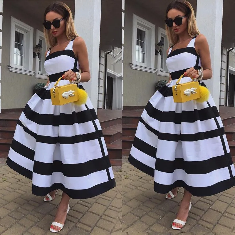 Summer Women Striped Strap Fashion Midi Dresses