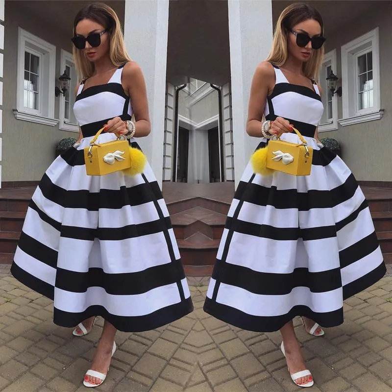 Summer Women Striped Strap Fashion Midi Dresses