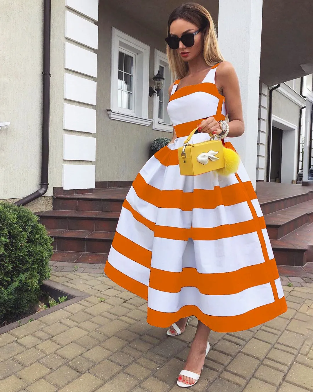 Summer Women Striped Strap Fashion Midi Dresses