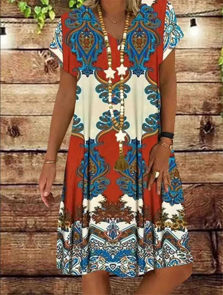 Summer Women V-neck Print Vintage Short Sleeve Party Dress