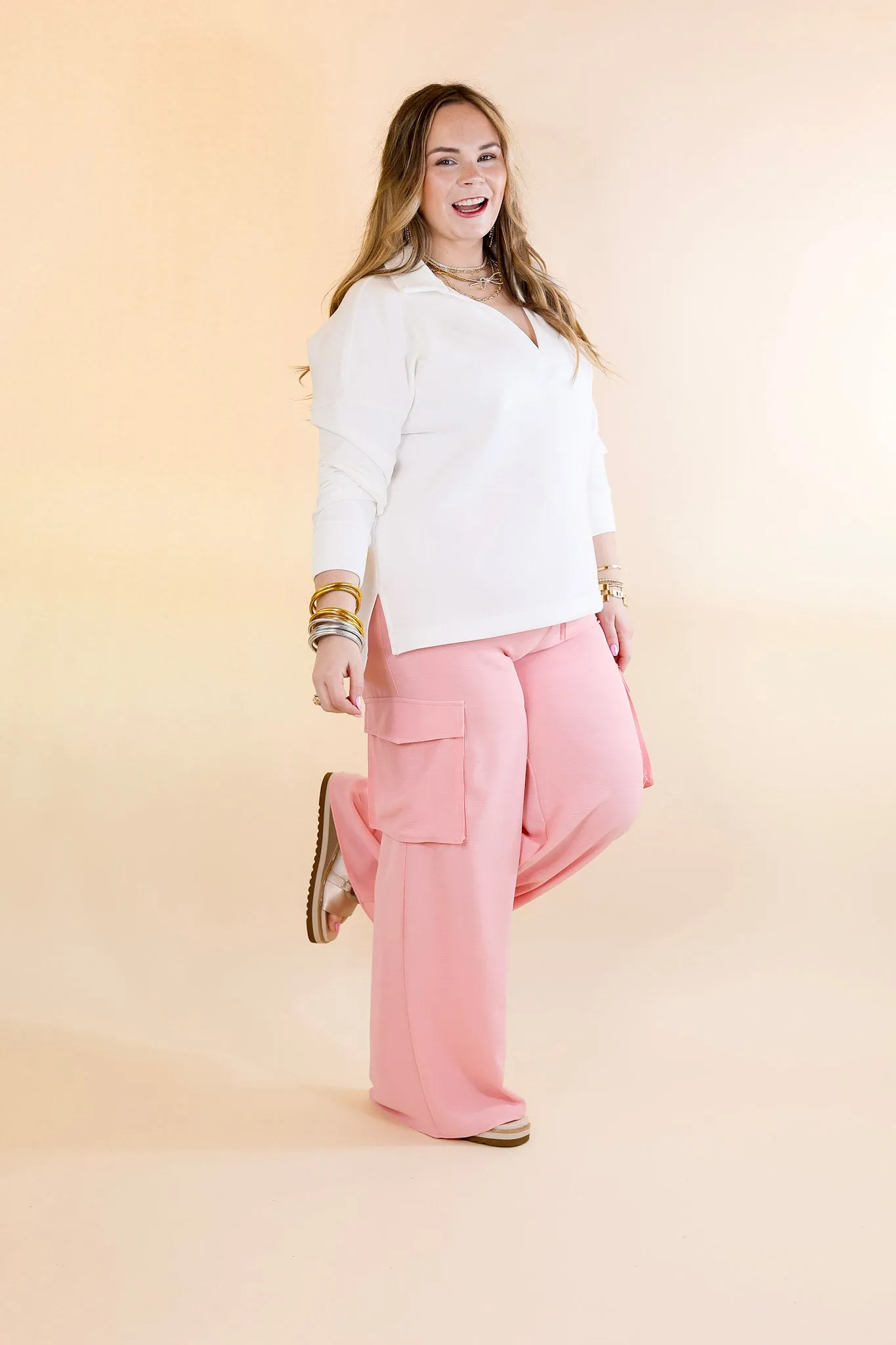 Sunday Stroll Wide Leg Cargo Pant in Baby Pink