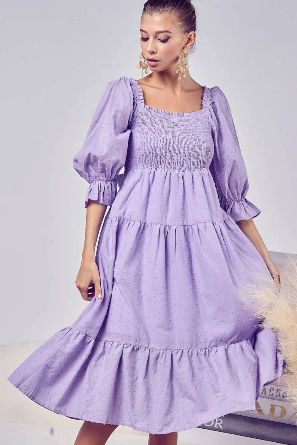 Swiss Dot Flounce Sleeve Smocked Tiered Midi Dress