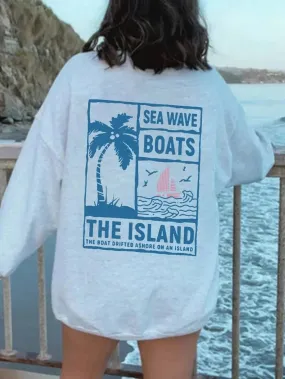 SXV  'SEA WAVE BOATS’ Printed Cool Aesthetic Drop Shoulder Oversized Baggy Sweatshirt