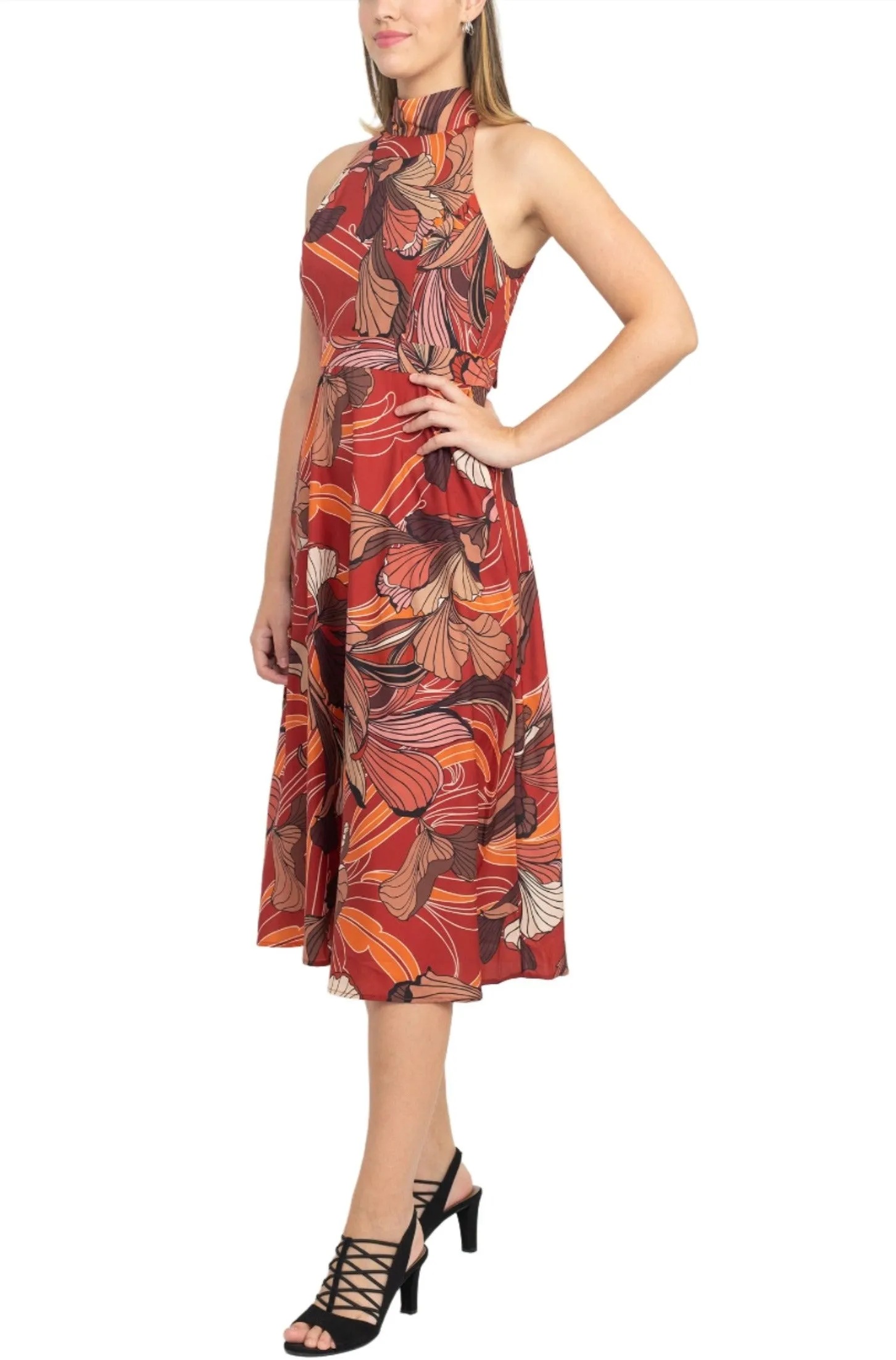 Tahari ASL Halter Tie Neck Sleeveless Multi Print Fit & Flare Satin Dress