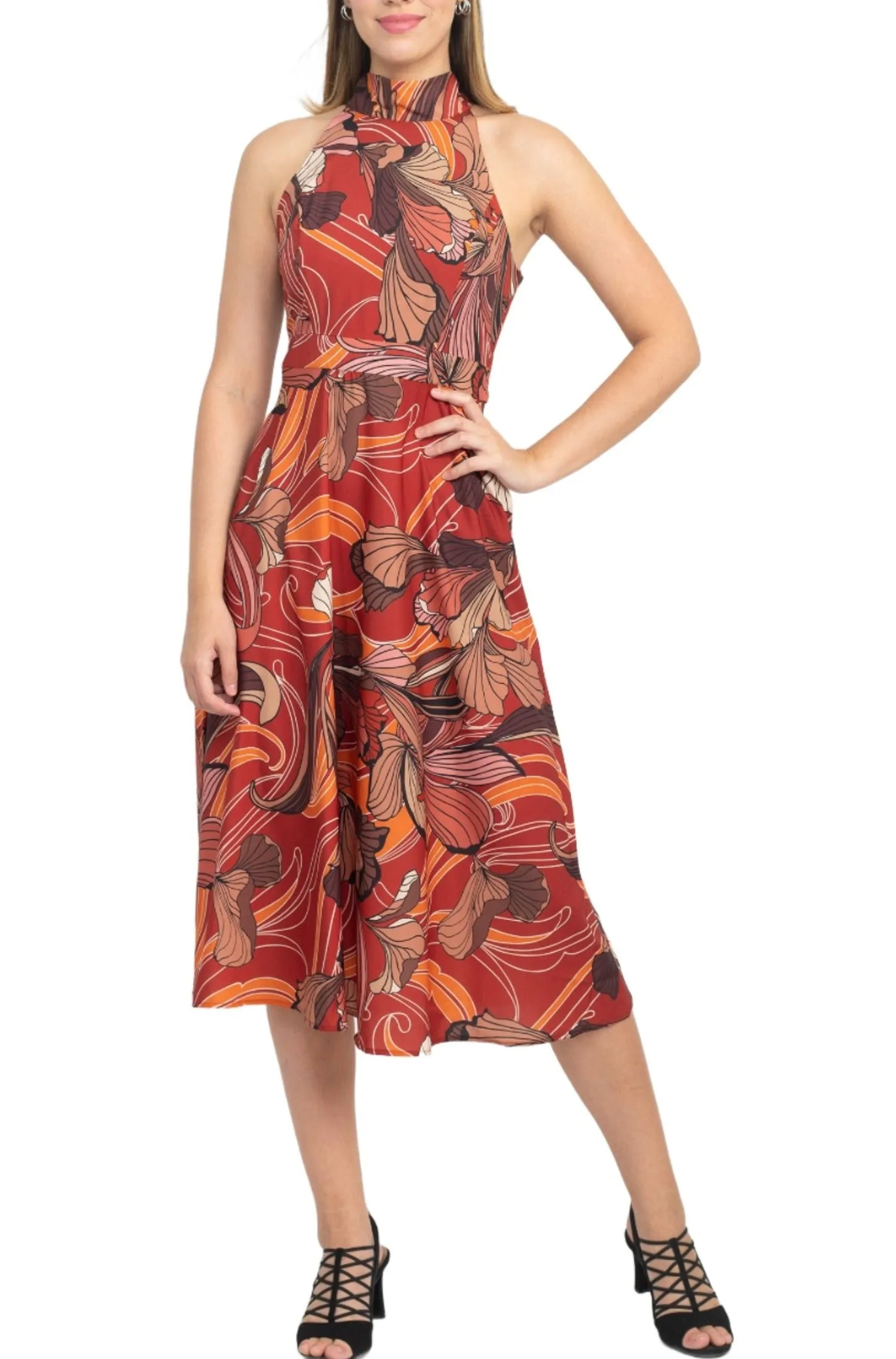 Tahari ASL Halter Tie Neck Sleeveless Multi Print Fit & Flare Satin Dress