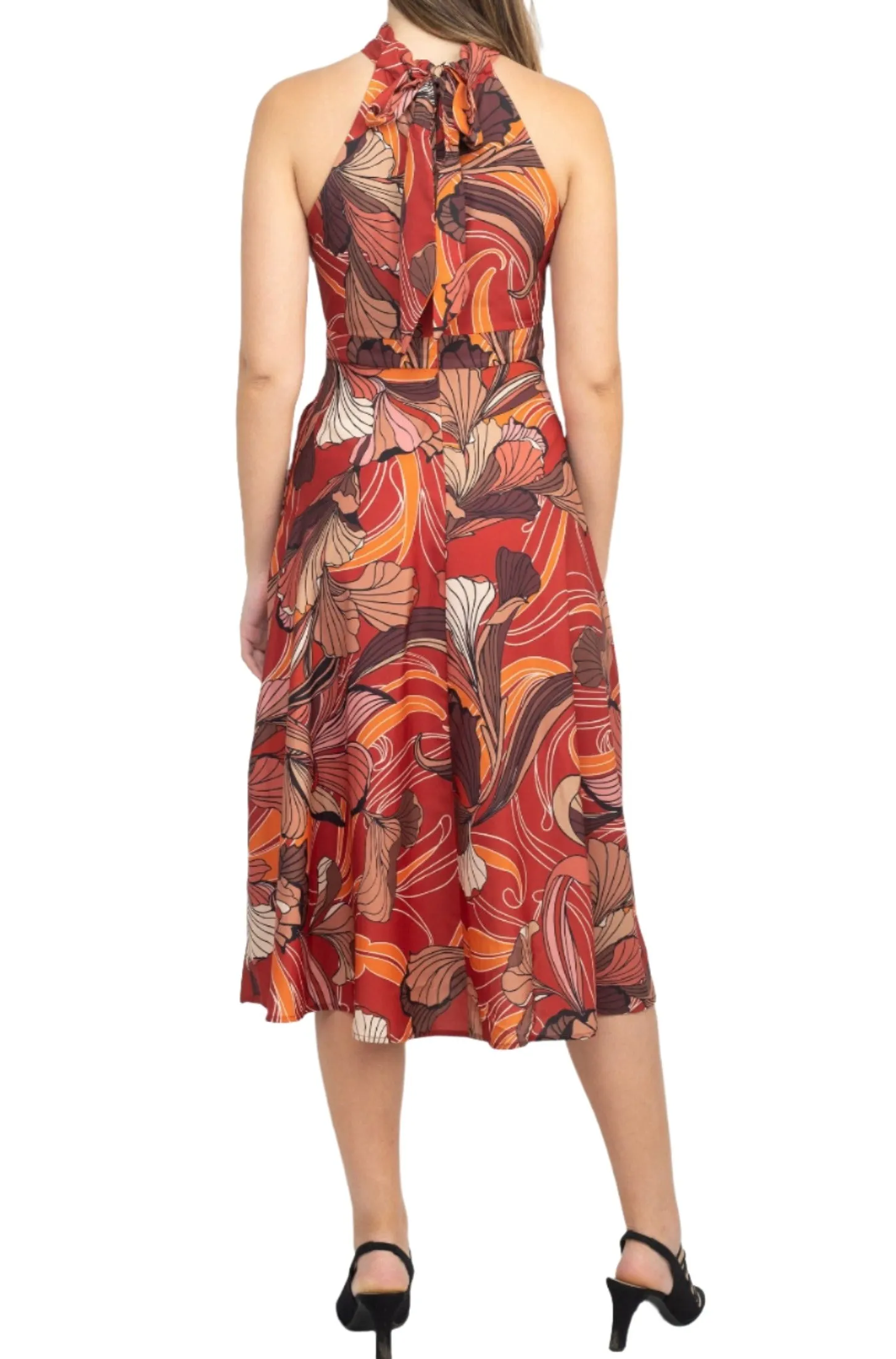 Tahari ASL Halter Tie Neck Sleeveless Multi Print Fit & Flare Satin Dress