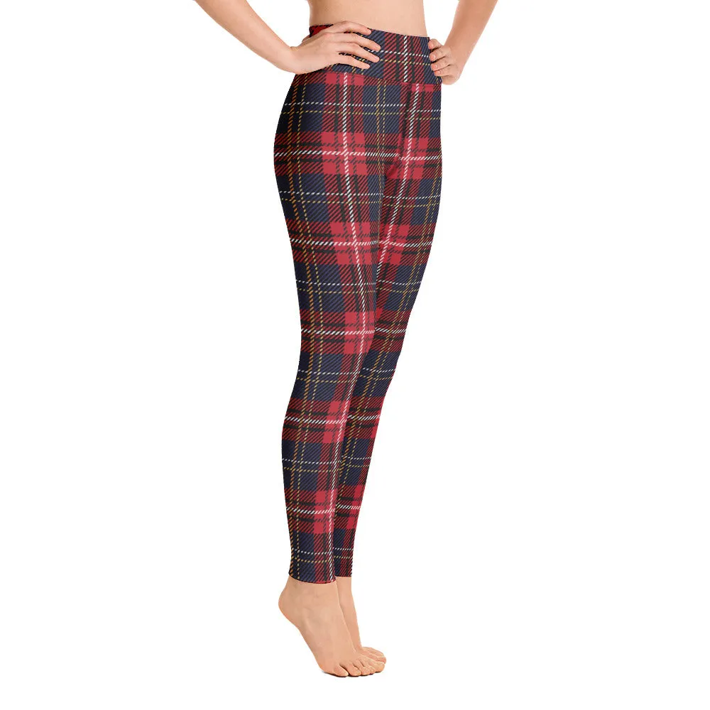 Tartan Yoga Leggings Women, Red Blue Plaid Check High Waisted Pants Cute Printed Graphic Workout Running Gym Designer Tights