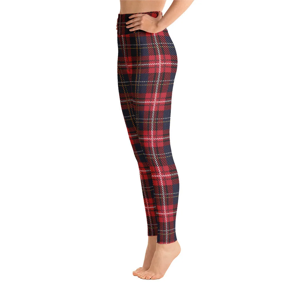 Tartan Yoga Leggings Women, Red Blue Plaid Check High Waisted Pants Cute Printed Graphic Workout Running Gym Designer Tights