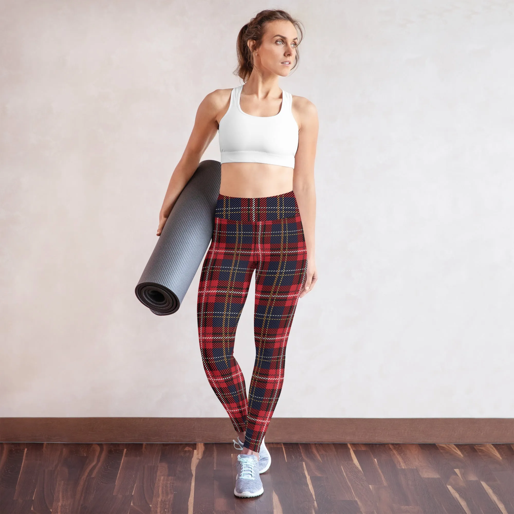 Tartan Yoga Leggings Women, Red Blue Plaid Check High Waisted Pants Cute Printed Graphic Workout Running Gym Designer Tights