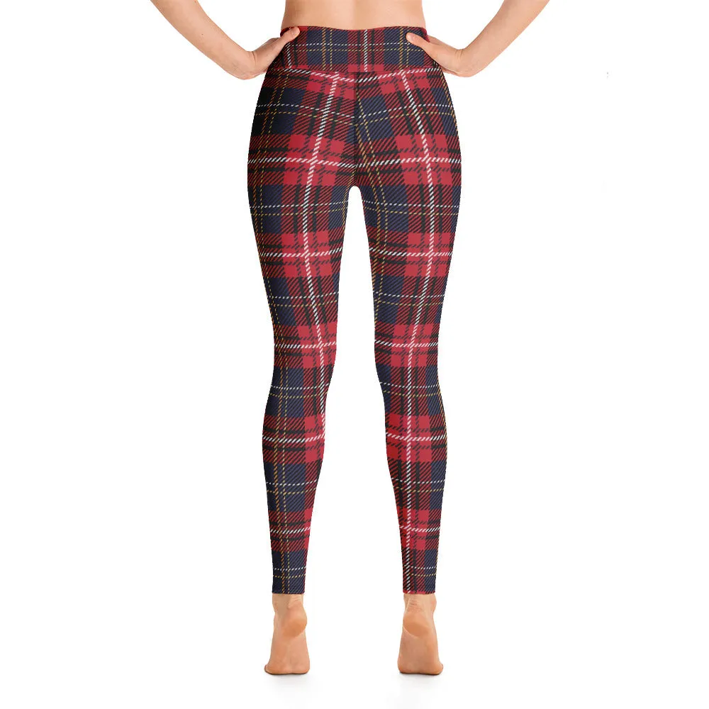 Tartan Yoga Leggings Women, Red Blue Plaid Check High Waisted Pants Cute Printed Graphic Workout Running Gym Designer Tights