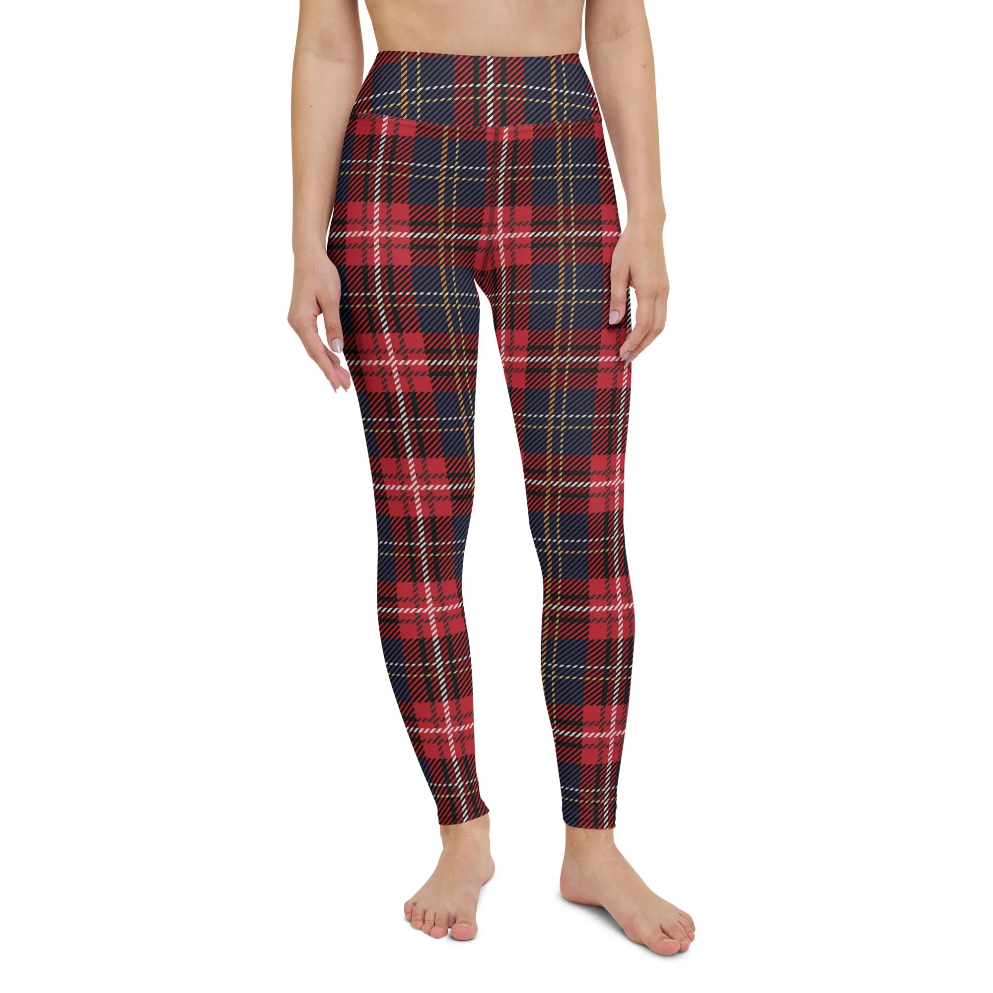 Tartan Yoga Leggings Women, Red Blue Plaid Check High Waisted Pants Cute Printed Graphic Workout Running Gym Designer Tights