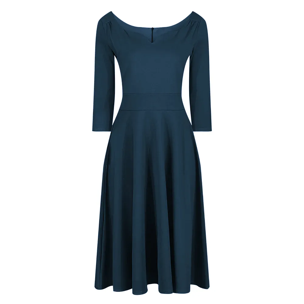 Teal Diamond Neckline 3/4 Sleeve Vintage Swing Midi Dress