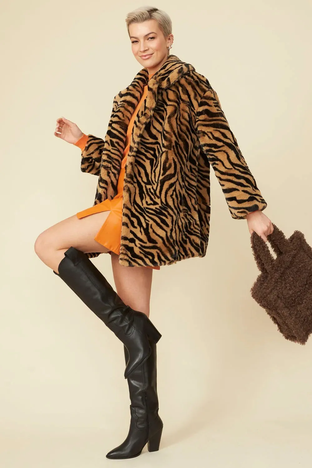 Tiger Print Mocha Faux Fur Midi Coat