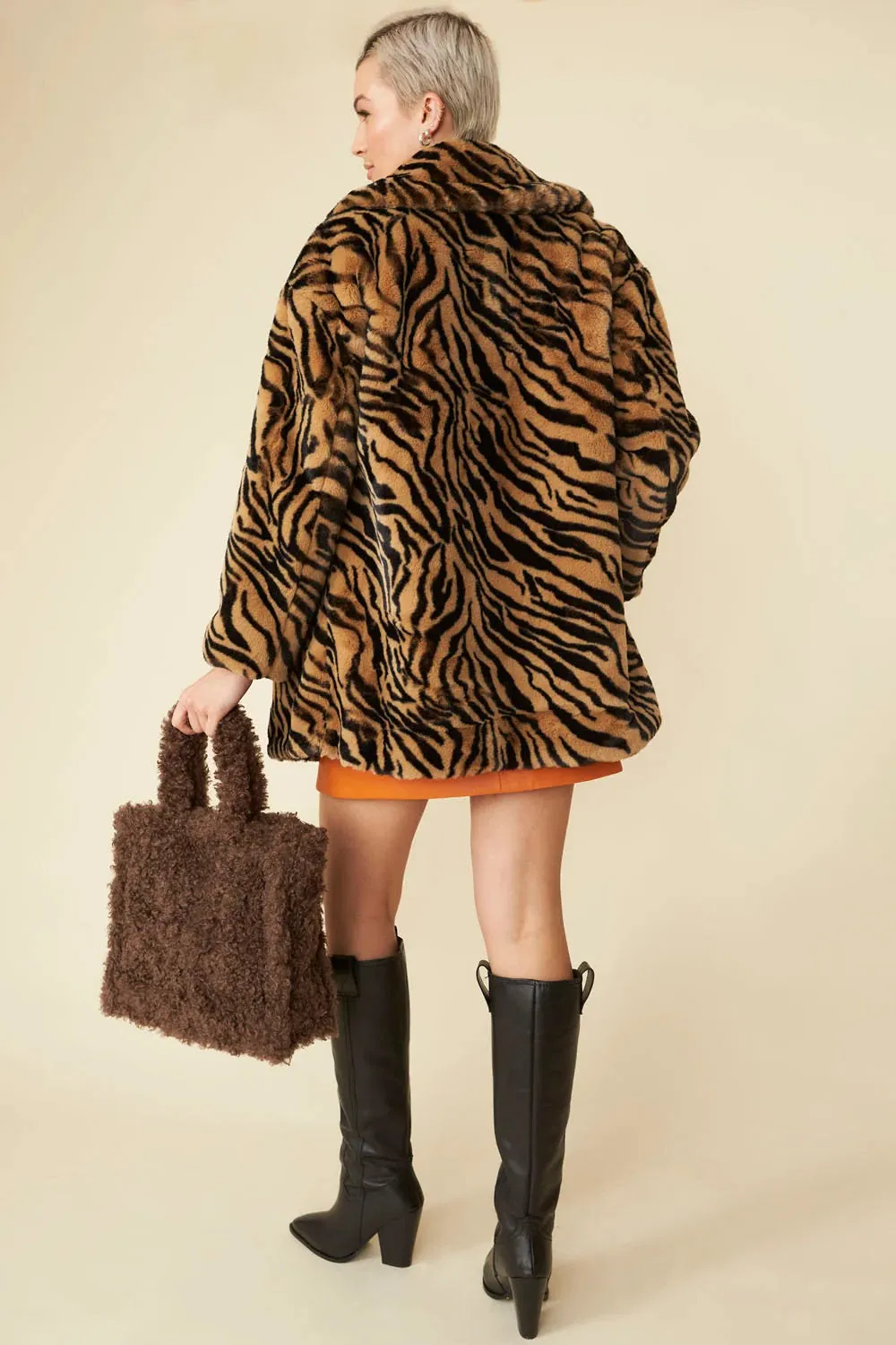 Tiger Print Mocha Faux Fur Midi Coat