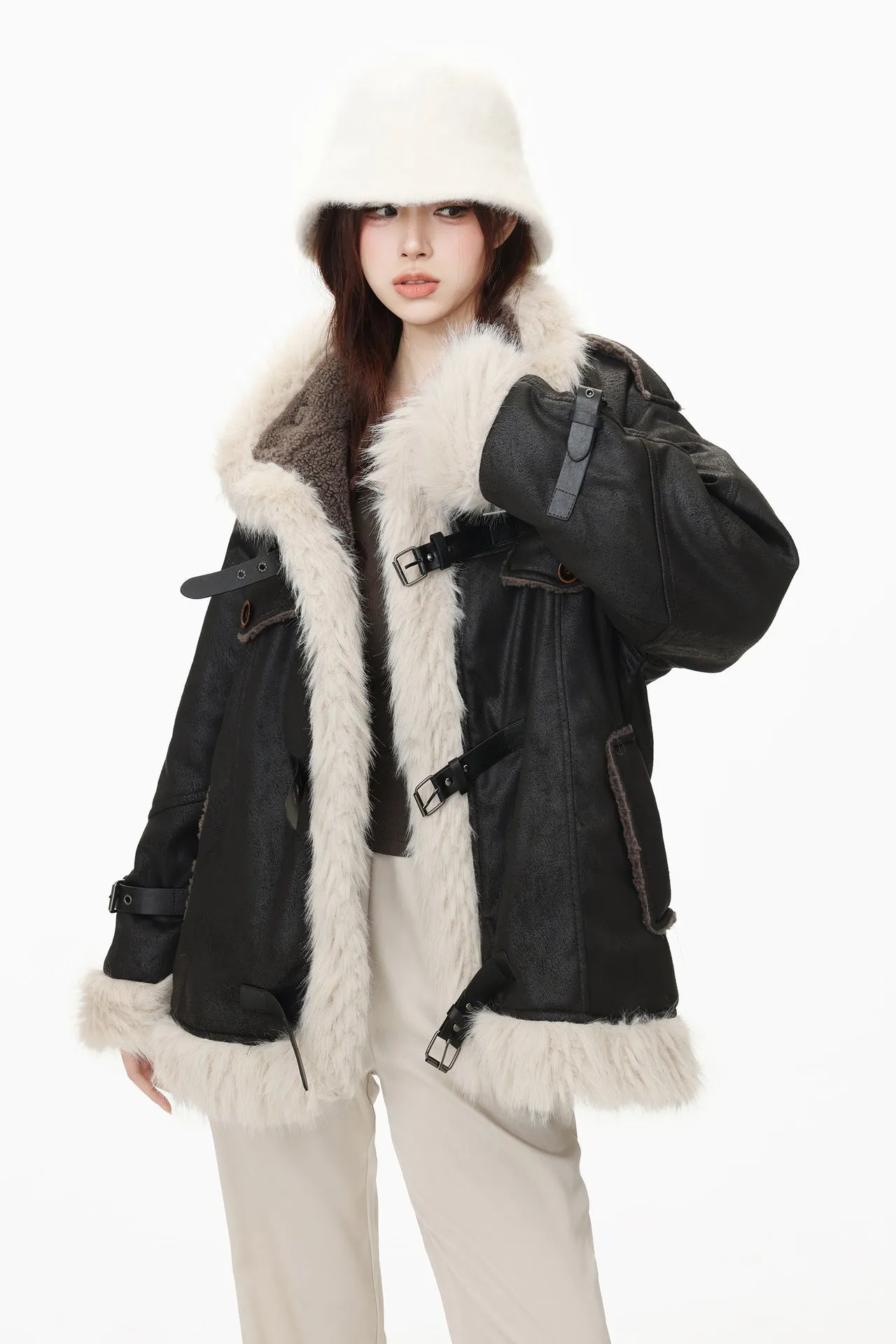 TODAMU® new winter new American retro loose plush splicing cotton jacket