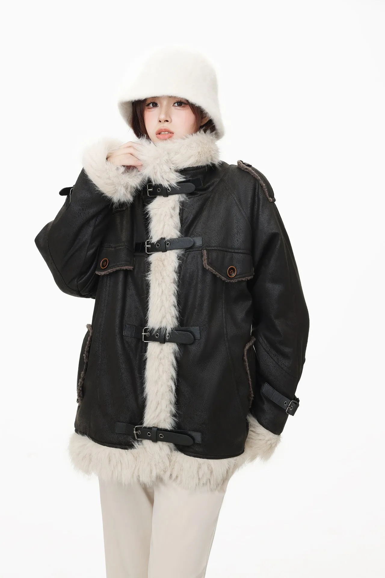 TODAMU® new winter new American retro loose plush splicing cotton jacket