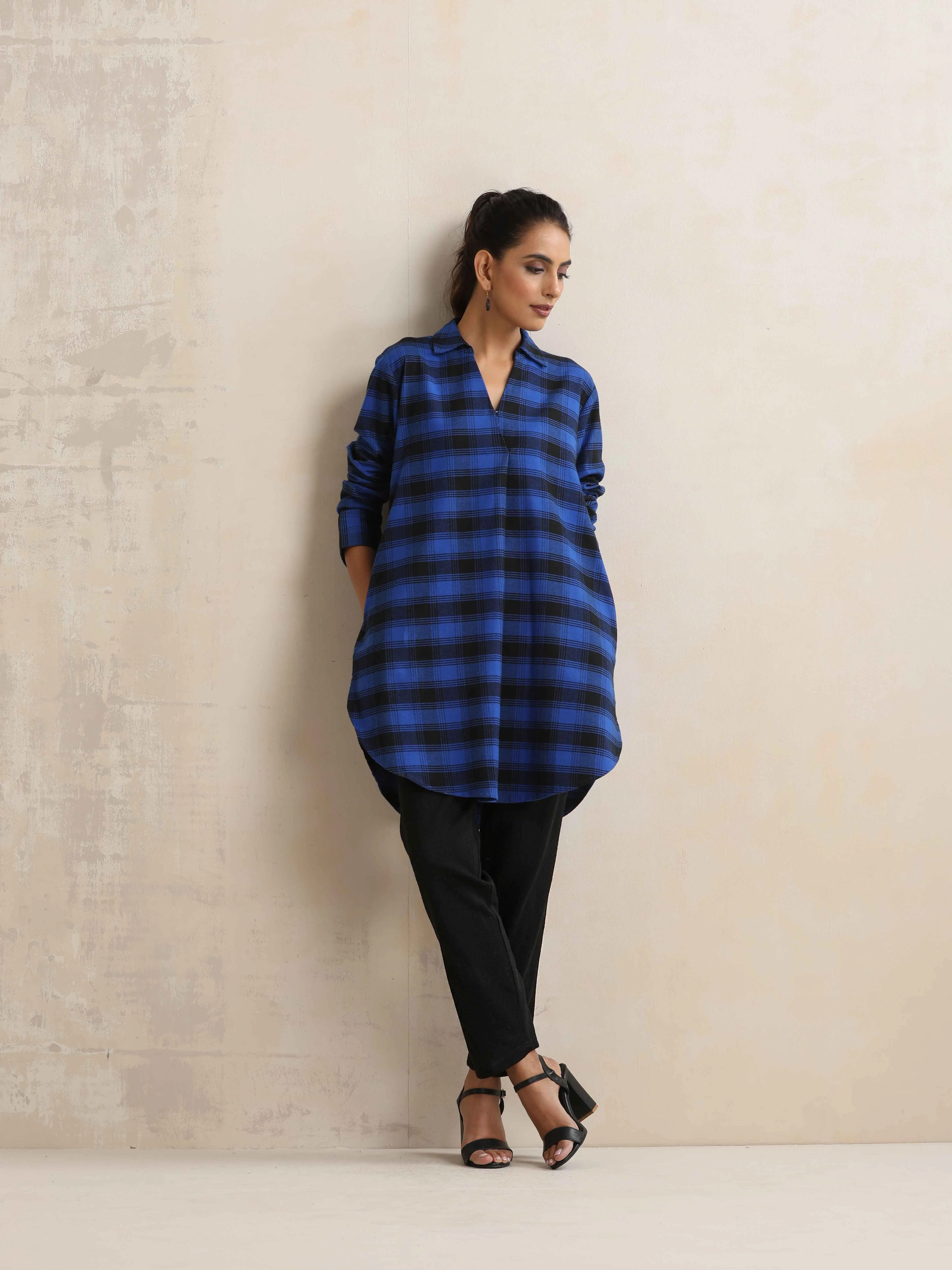 trueBrowns Blue Check Pleated Winter Top