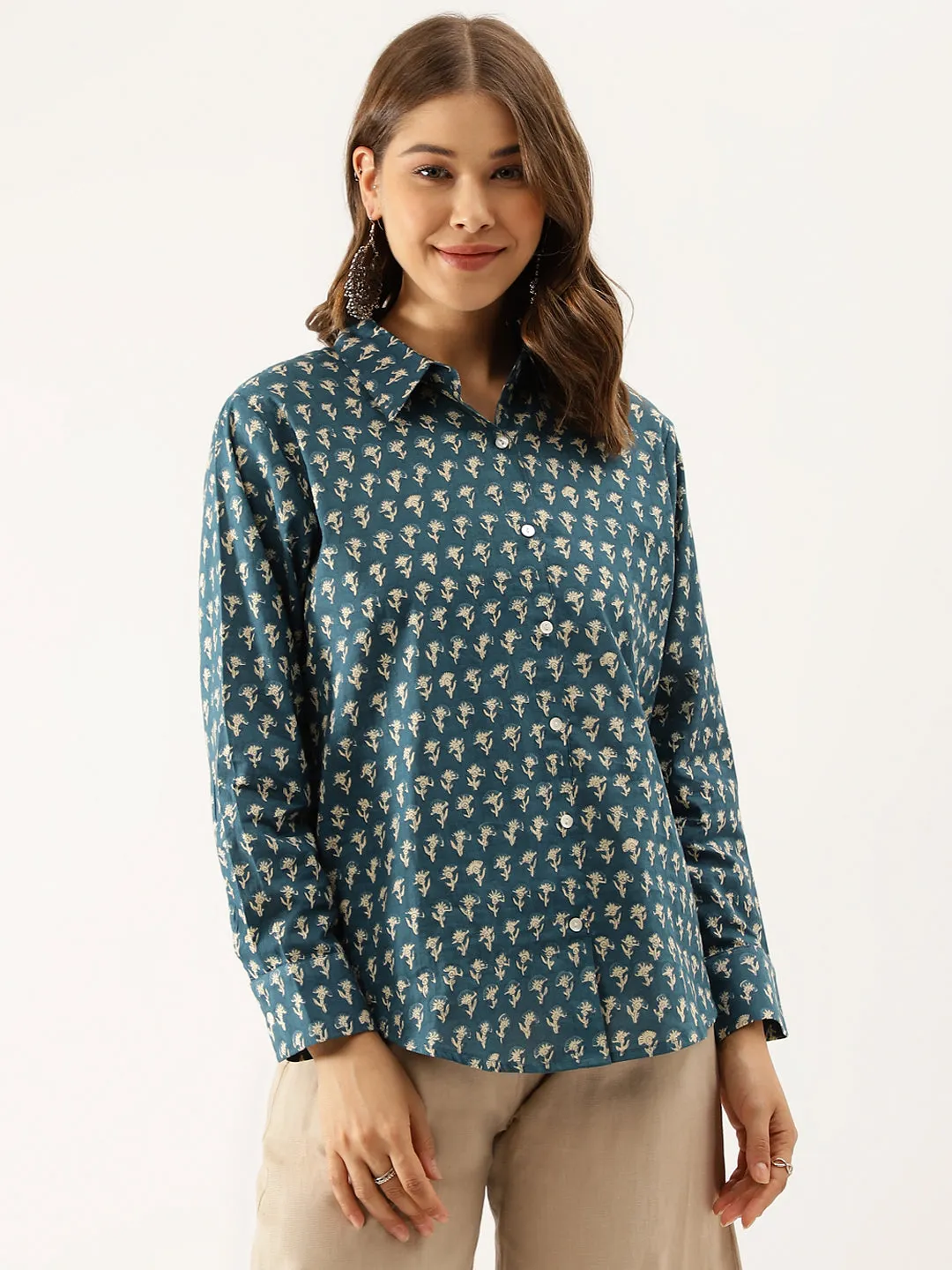 Turquoise Blue Ethnic Motif Printed Casual Women Shirts