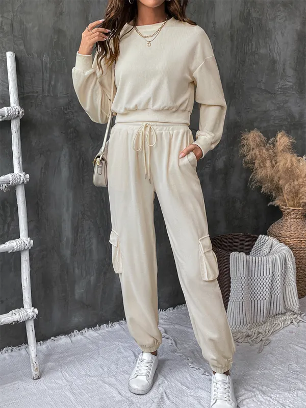 Two Piece Textured Women Cargo Pants Set