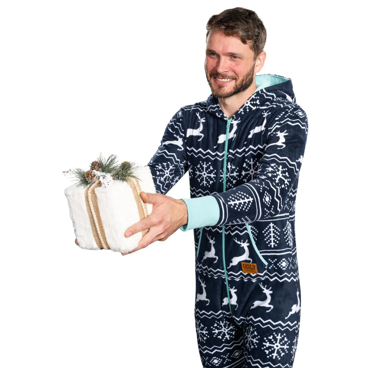 Ugly Christmas Sweater Style Fair Isle Jumpsuit Adult Union Suit Unisex Pajamas