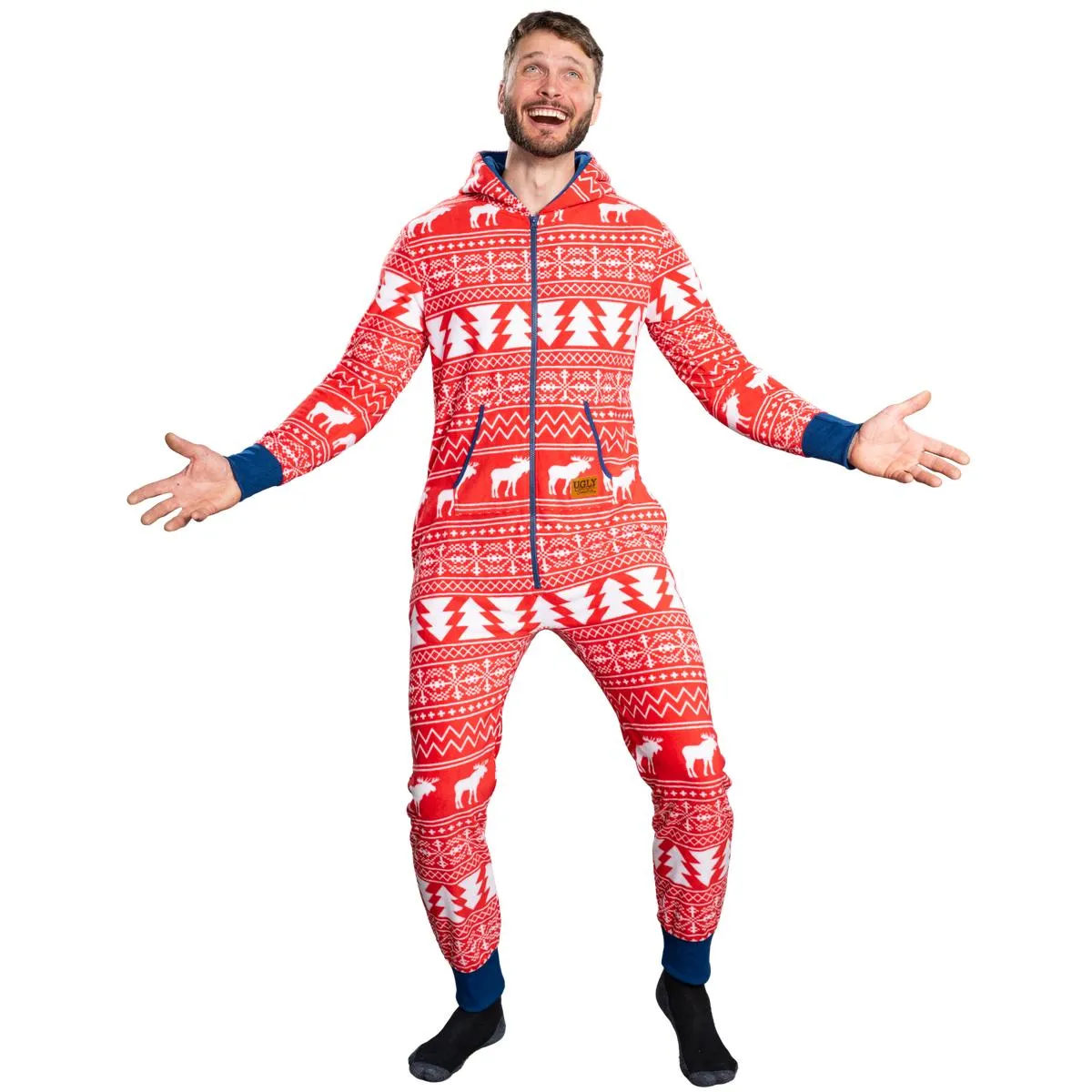 Ugly Christmas Sweater Style Fair Isle Jumpsuit Adult Union Suit Unisex Pajamas