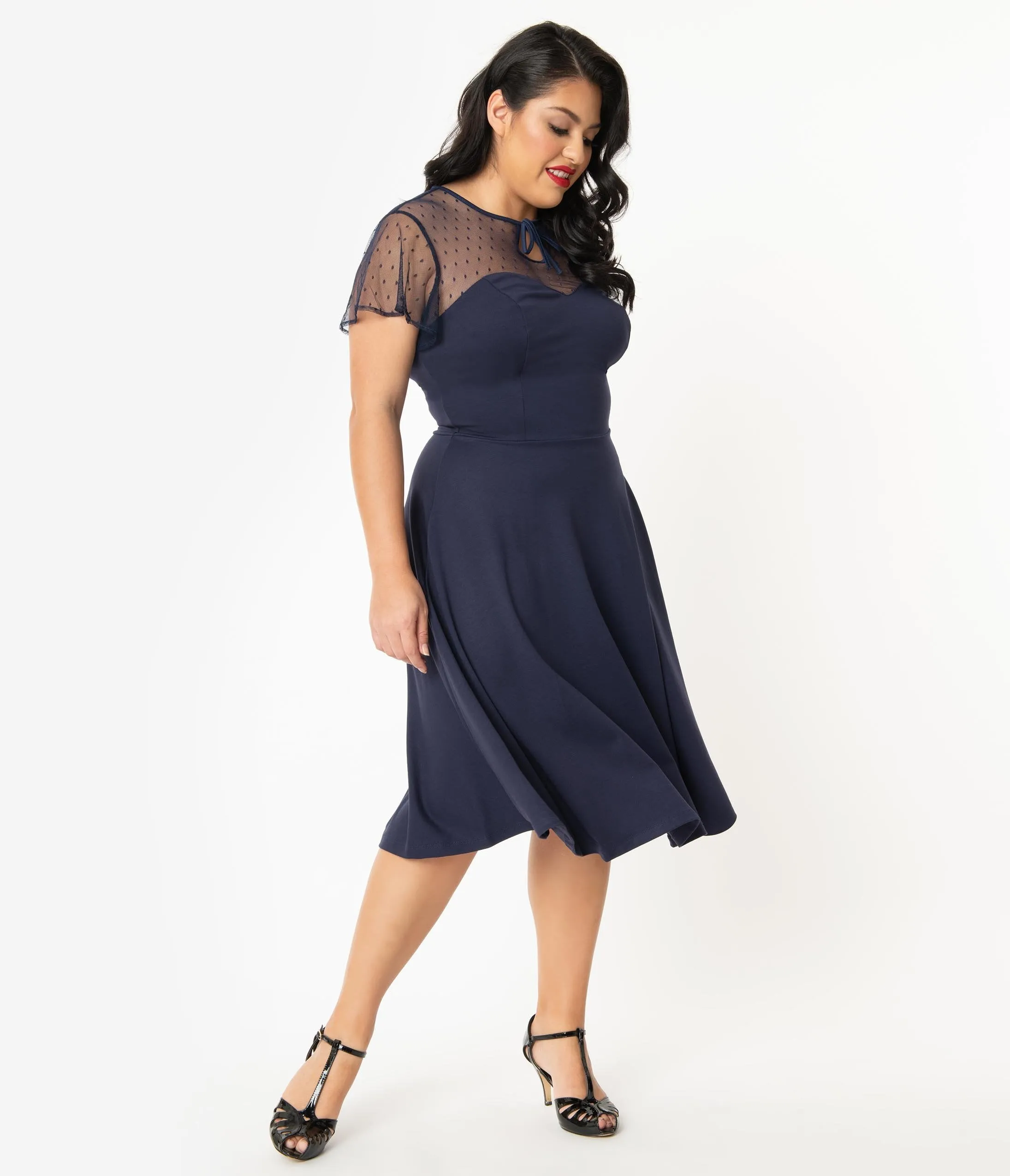 Unique Vintage Plus Size 1940s Navy Blue Swiss Dotted Heather Midi Dress