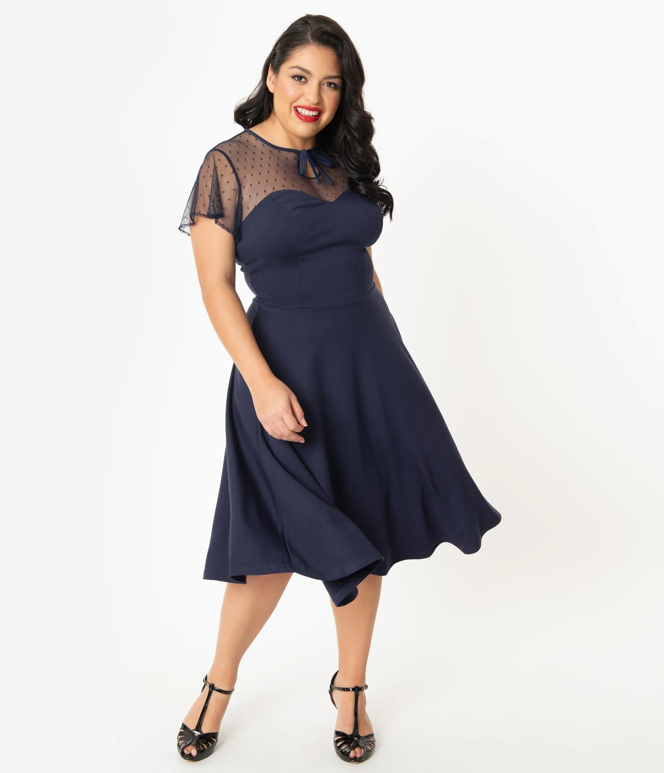 Unique Vintage Plus Size 1940s Navy Blue Swiss Dotted Heather Midi Dress