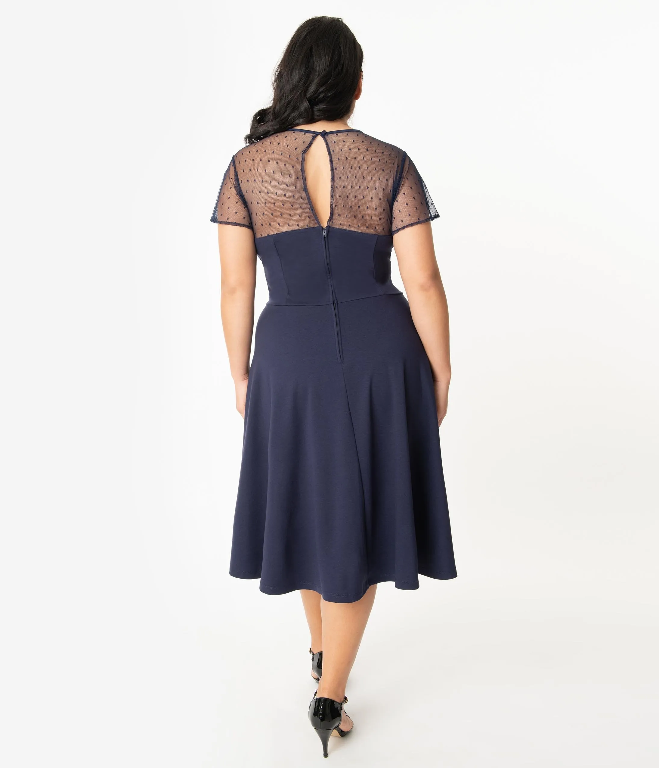 Unique Vintage Plus Size 1940s Navy Blue Swiss Dotted Heather Midi Dress